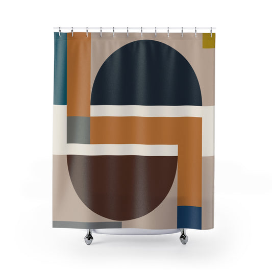 Modern Geometric Circle Abstract Shower Curtain | Navy, Terracotta & Teal Art Decor