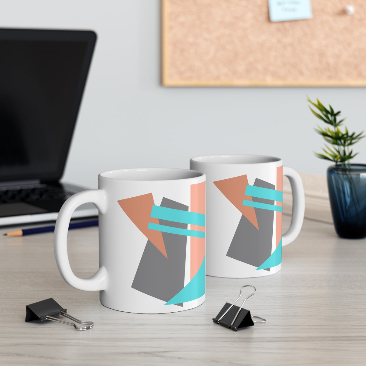 Abstract Geometric Mug – Modern Art in Peach, Gray & Cyan