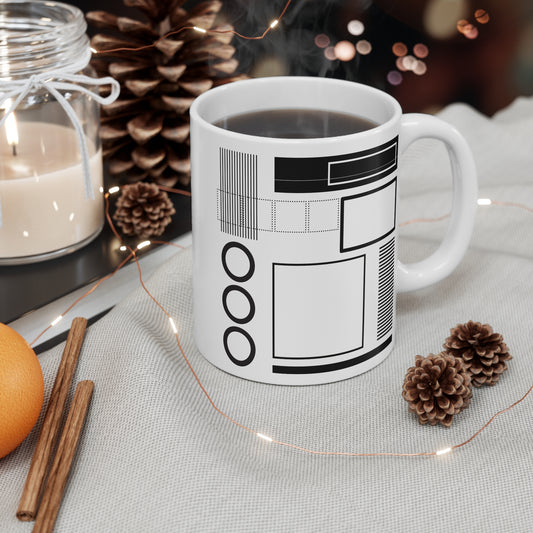 Modern Grid Mug | 11oz Ceramic Coffee Mug | Black & White Architectural Line Art Design