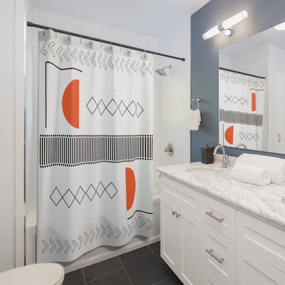 Minimalist Orange & Black Shower Curtain – Abstract Geometric Flow