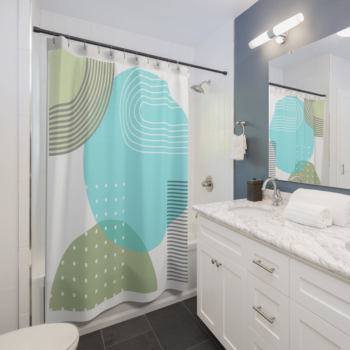 Vibrant Geometric Shower Curtain – Aqua, Sage & Lime Modern Art
