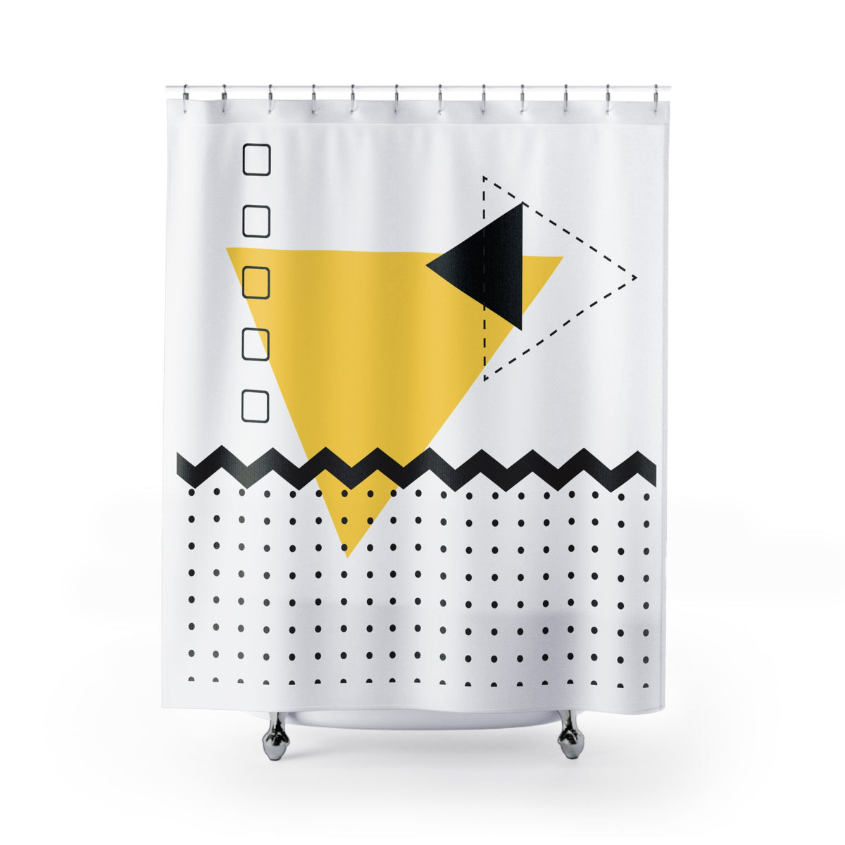 Bold Geometric Triangle Shower Curtain – Yellow, Black & Dotted Abstract