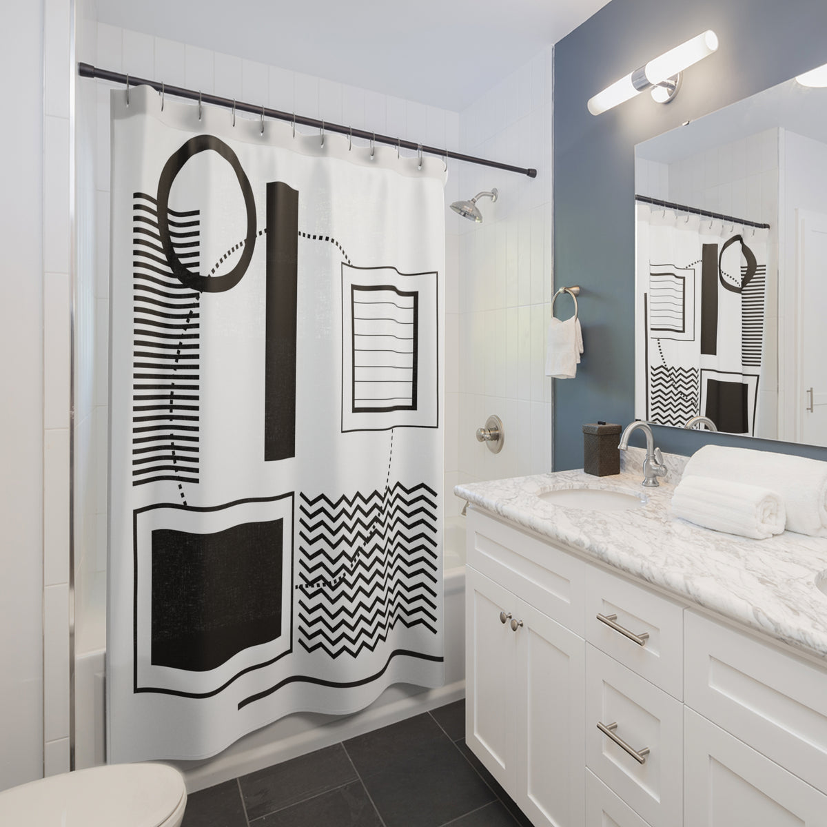Architectural Geometric Shower Curtain – White Frame Pattern on Black