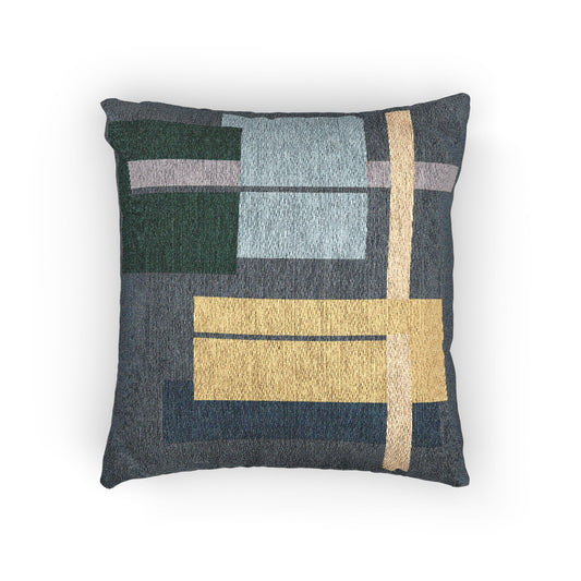 Color Block Grid Throw Pillow – Teal, Mustard & Beige Geometry
