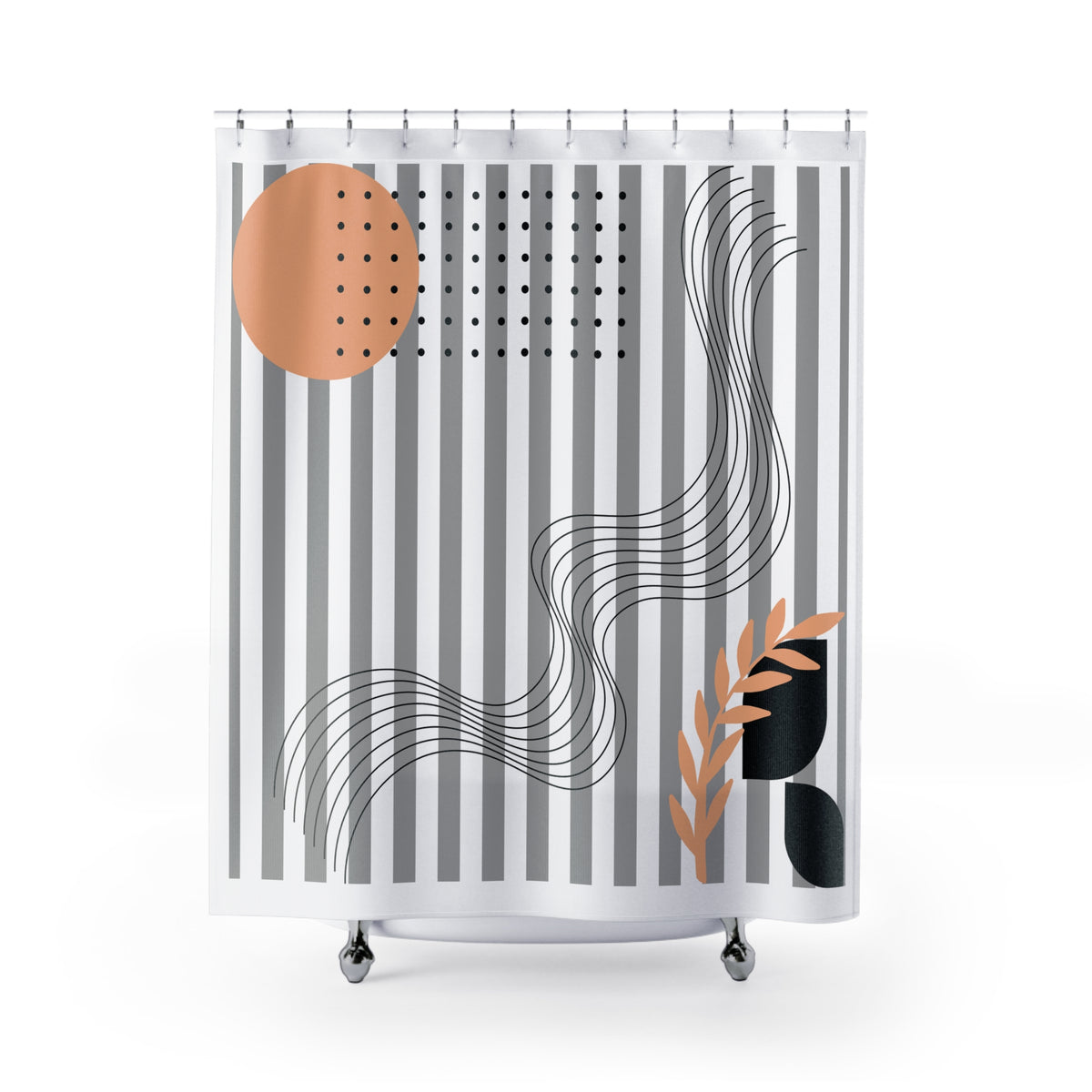 Abstract Neutral Botanical Shower Curtain – Stripes, Dots & Peach Accents
