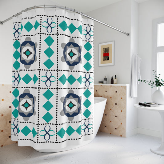 Geometric Floral Tile Shower Curtain – Teal, Navy & Gray Pattern