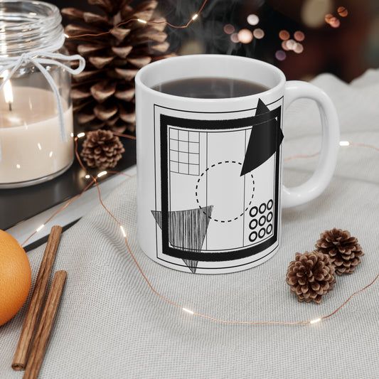 Architect’s Blueprint Mug | 11oz Ceramic Coffee Mug | Black & White Geometric Grid & Shape Design