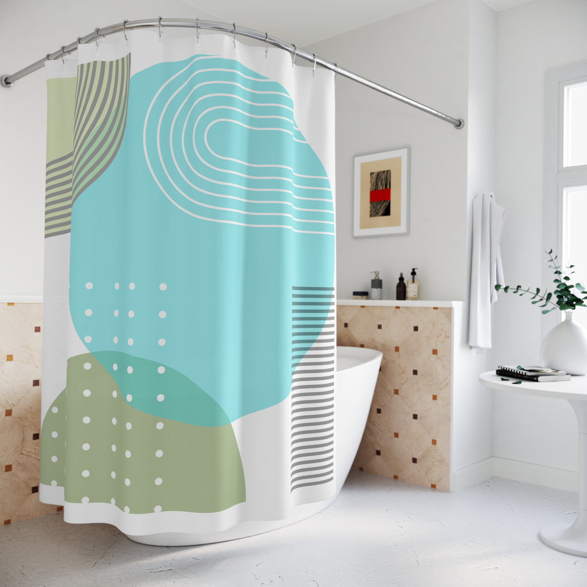 Vibrant Geometric Shower Curtain – Aqua, Sage & Lime Modern Art