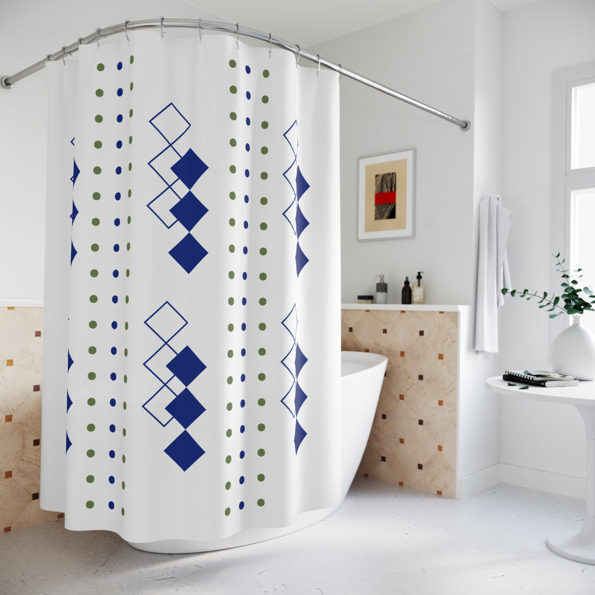 Geometric Column Shower Curtain – Navy Blue & Olive Dotted Diamond Pattern
