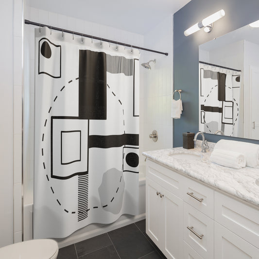 Abstract Orbital Geometry Shower Curtain – Black, Gray & Minimalist Accents