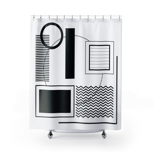 Architectural Geometric Shower Curtain – White Frame Pattern on Black