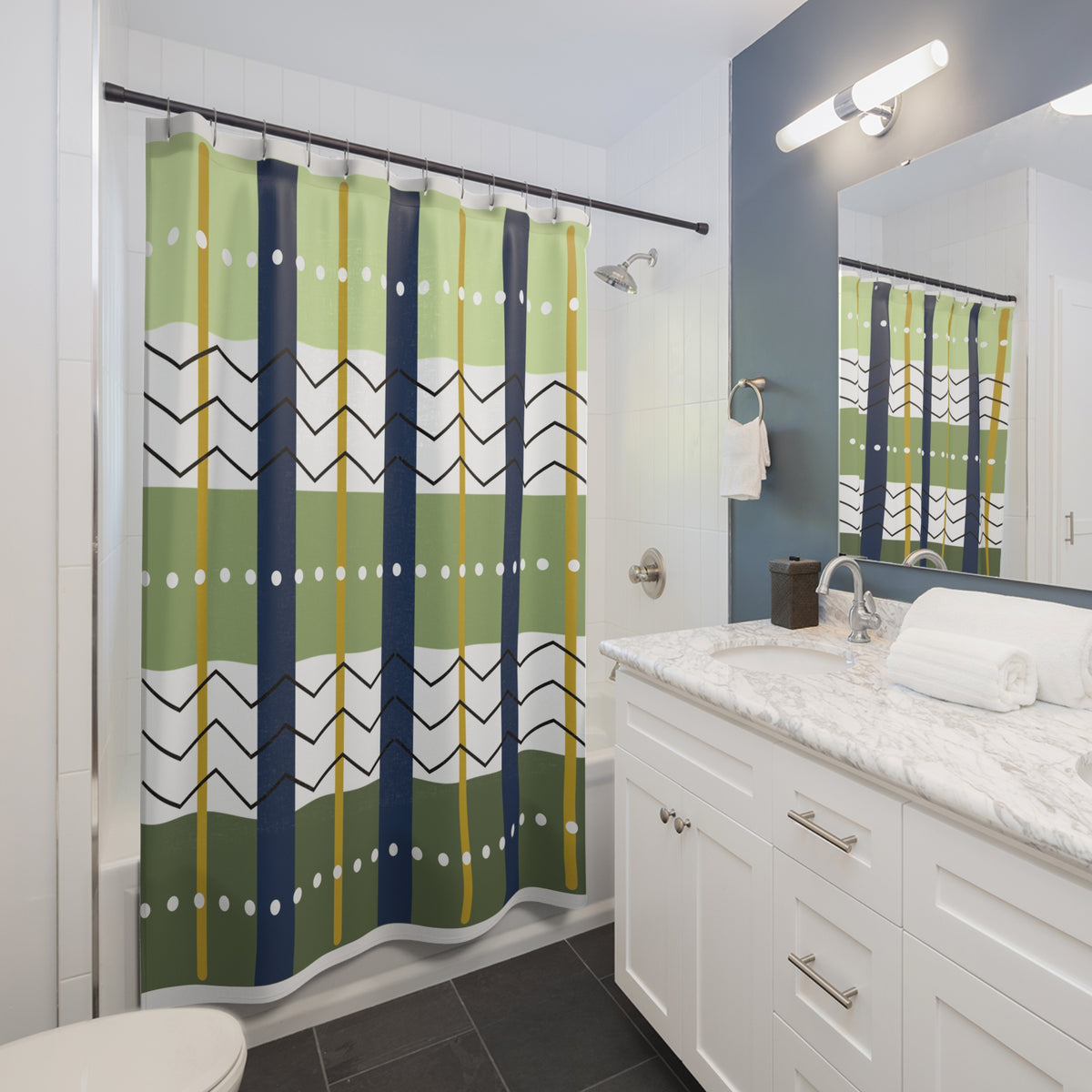 Modern Plaid-Inspired Shower Curtain – Navy, Olive & Gold Striped Grid