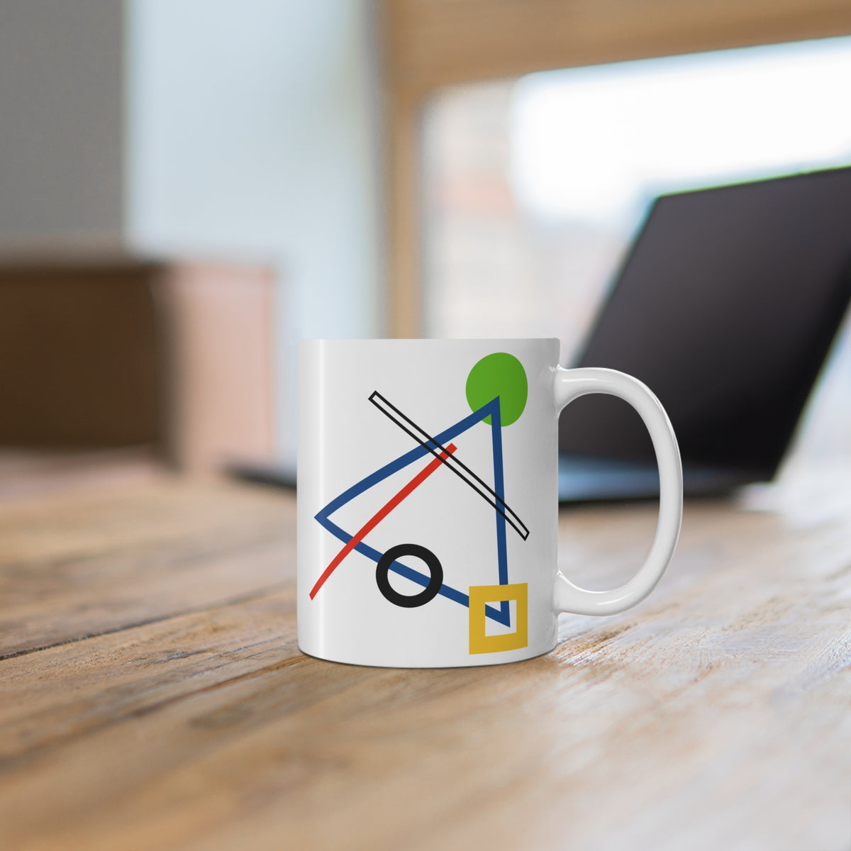Geometric Play Mug – Blue, Green & Yellow Abstract Triangle Design