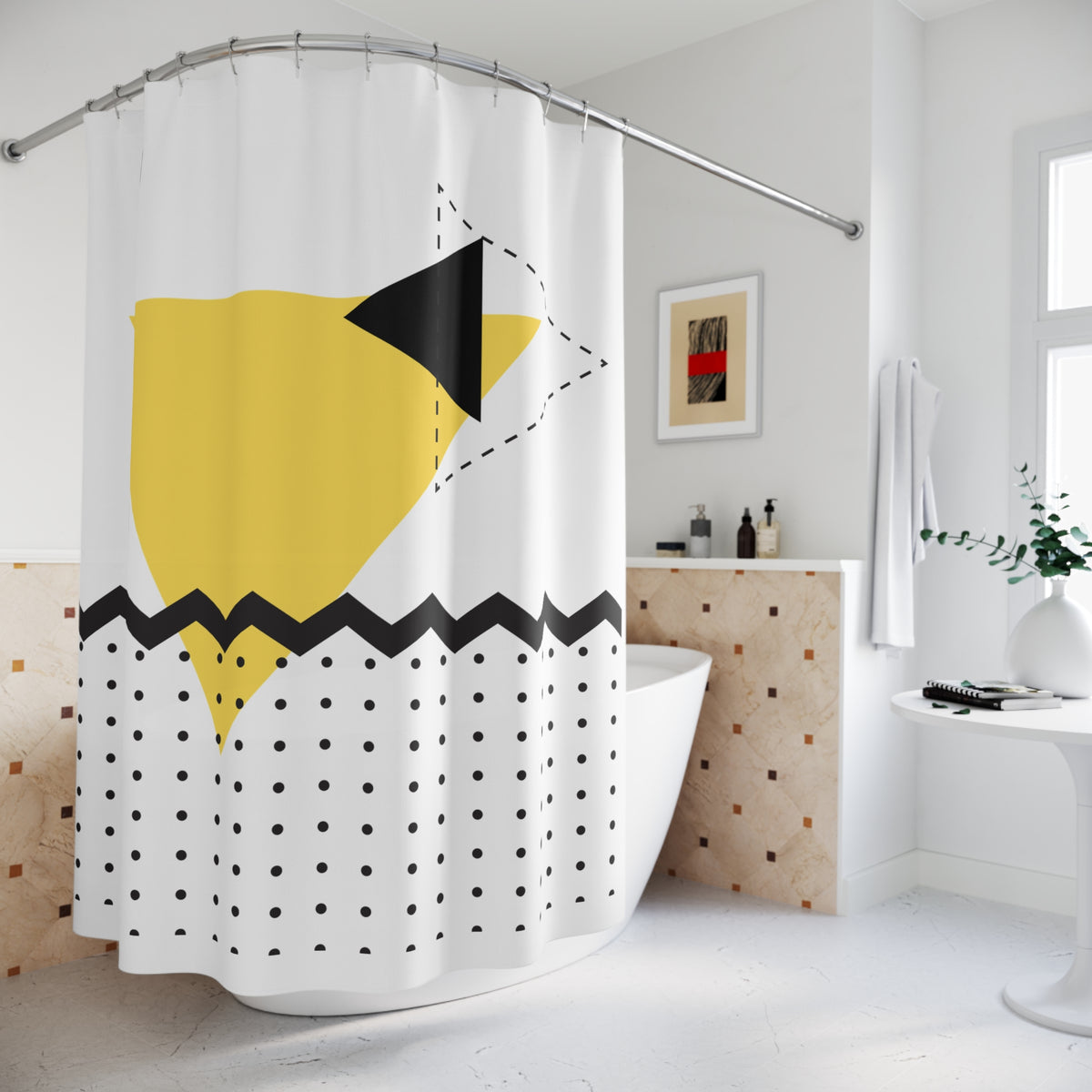 Bold Geometric Triangle Shower Curtain – Yellow, Black & Dotted Abstract