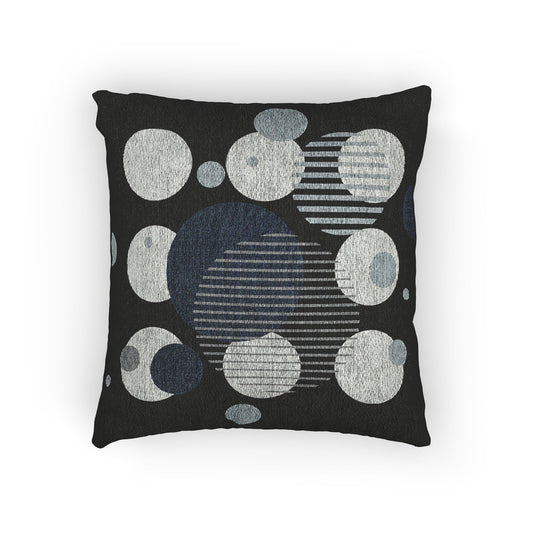 Orbital Layers Throw Pillow – Blue, Gray & White Circles with Striped Accents