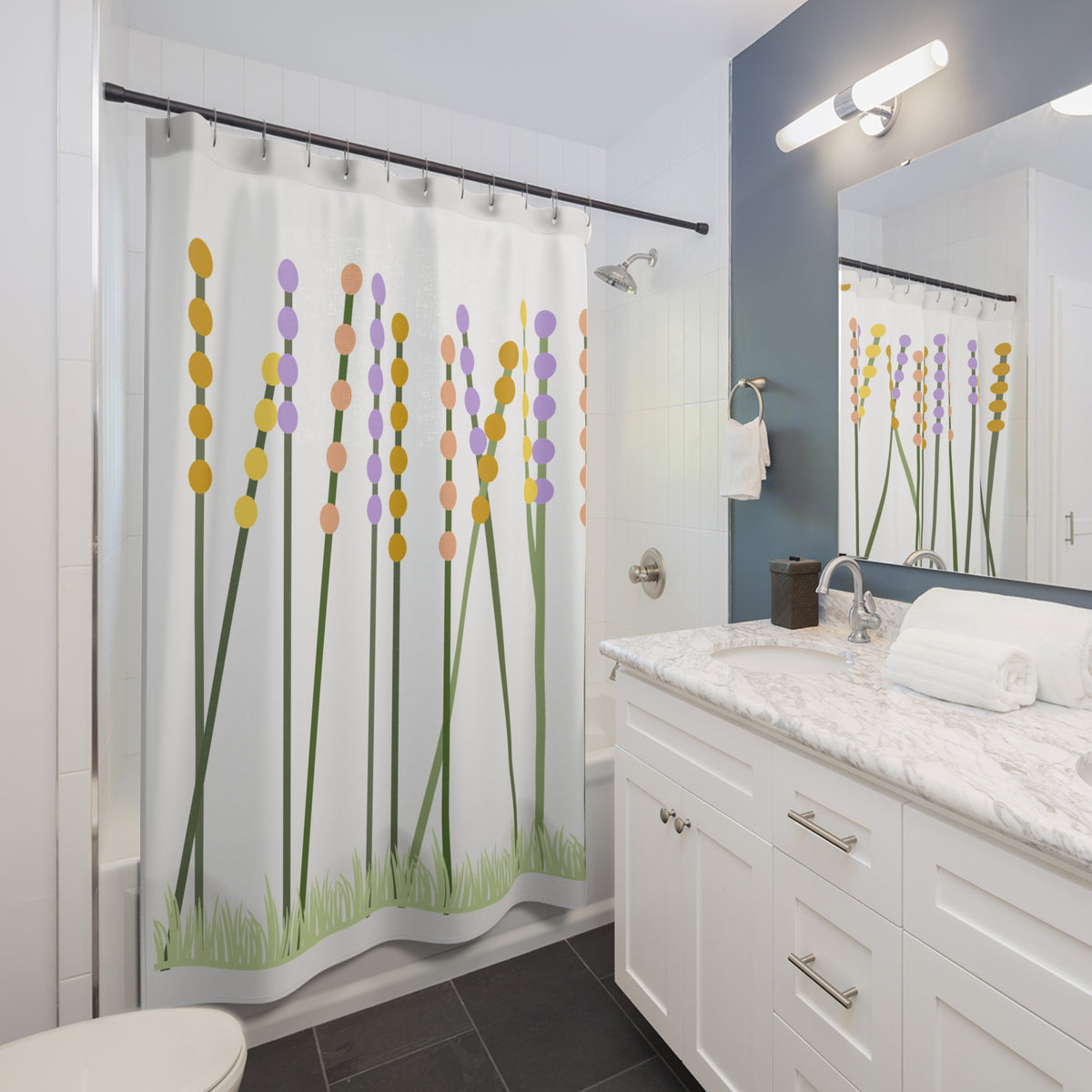 Wildflower Meadow Shower Curtain – Pastel Dot Blossoms on Black