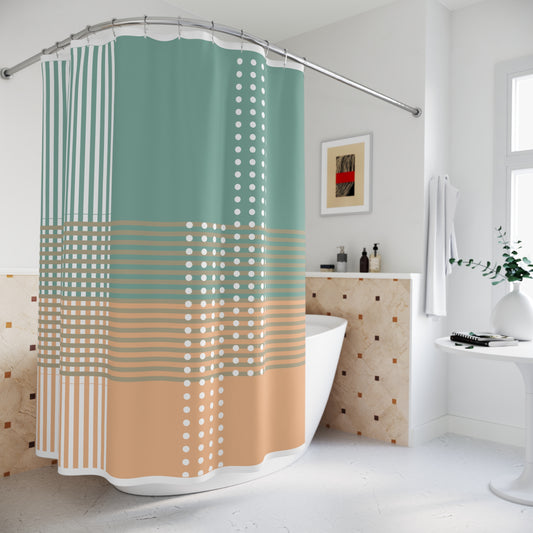 Modern Grid Art Shower Curtain – Sage Green, Peach & White Overlay
