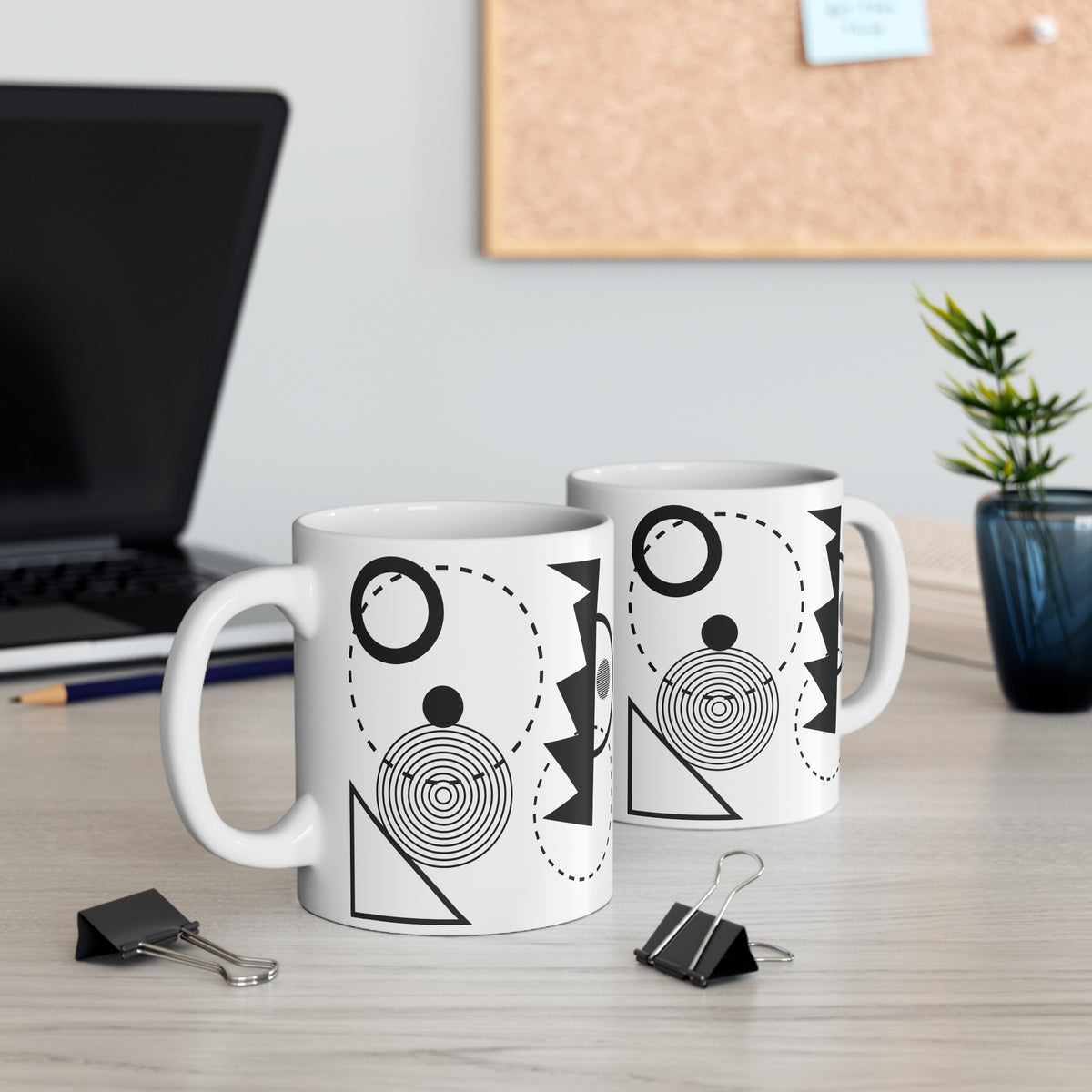 Playful Abstract Shapes Mug | 11oz Ceramic Coffee Mug | Black & White Modern Geometric Design