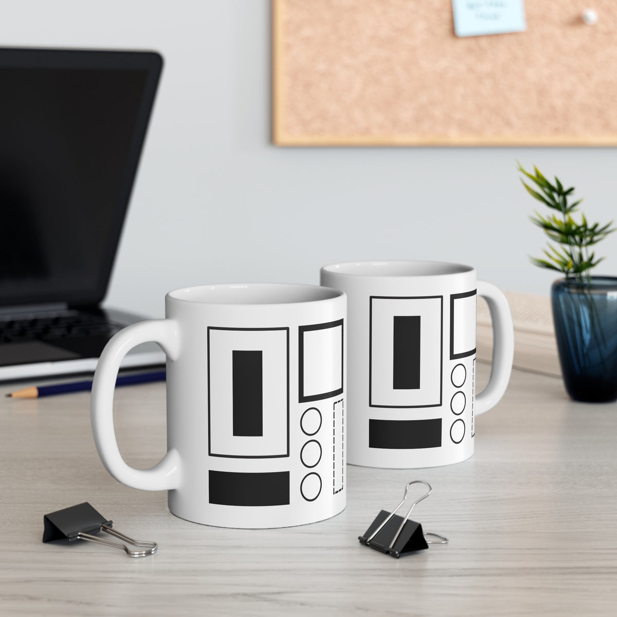 Modern Minimalist Mug | 11oz Ceramic Coffee Mug | Black & White Abstract Rectangle Design